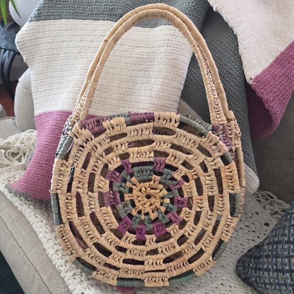 Handmade Handbags - Round Boho, Hippie Straw Shoulder Bag in Natural with Pink & Green Accents